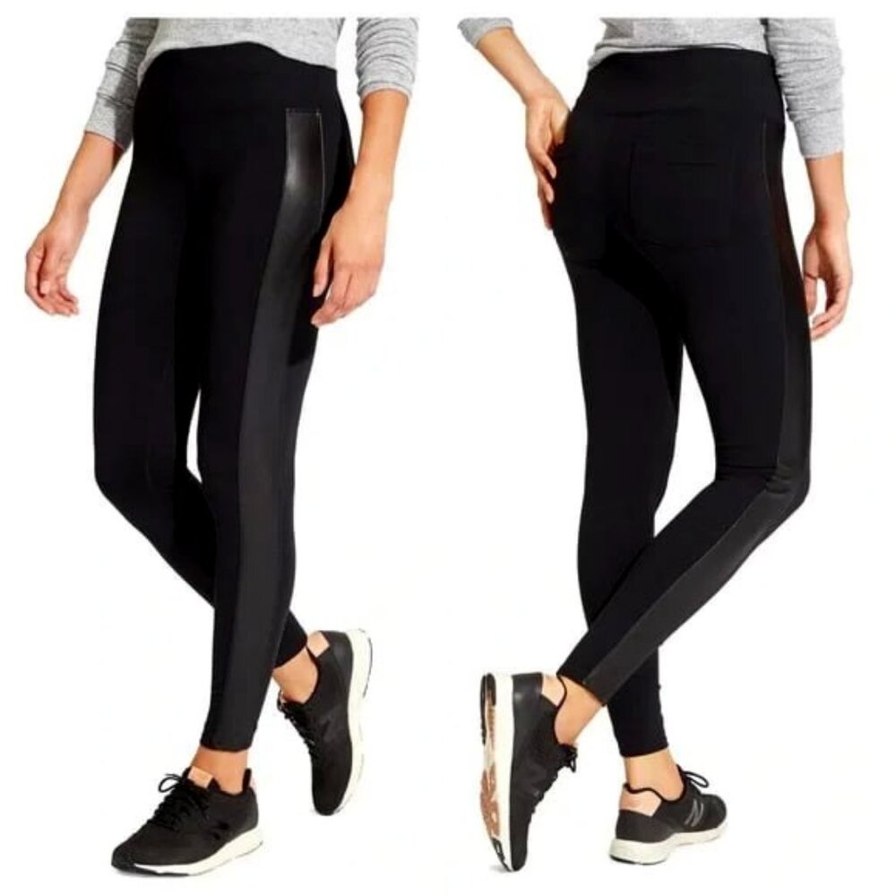 New ATHLETA Tux Metro Legging Vegan Leather Side Stripe Trouser Black M